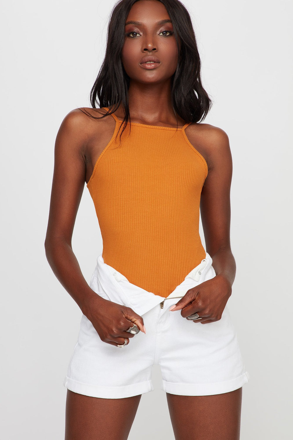 Women Maillot côtelée à dos ouvert Brun