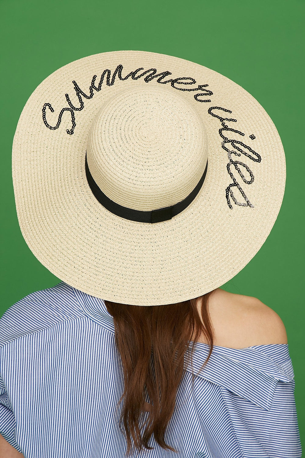Women Chapeau de plage à imprimé Summer Vibes avec paillettes Brun