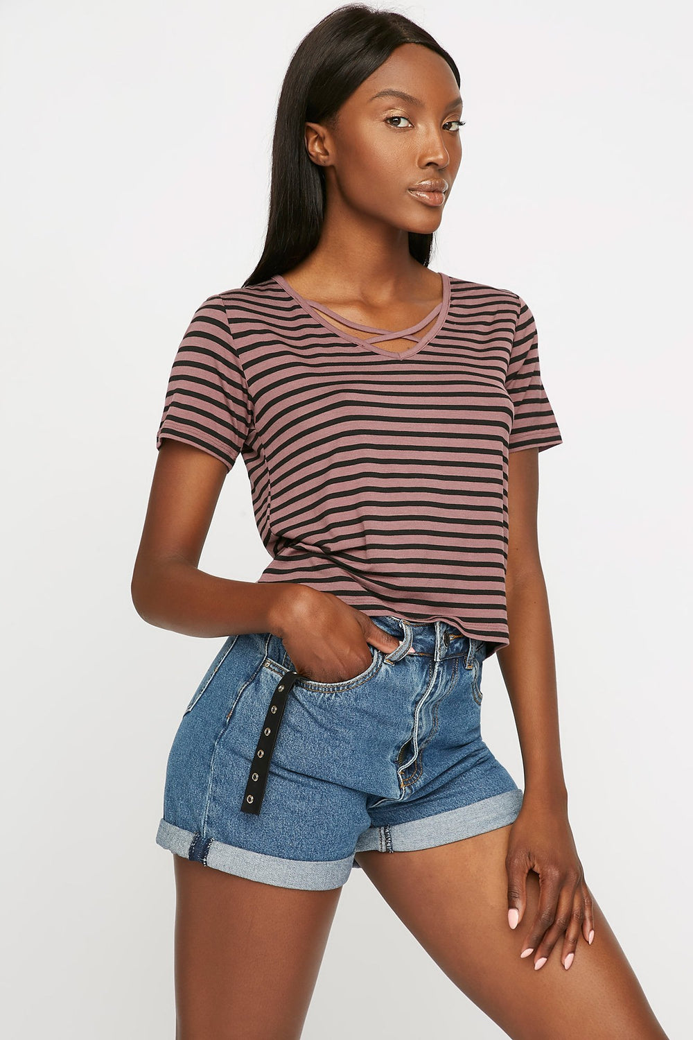 Women T-shirt cache-cur léger rayé Brun