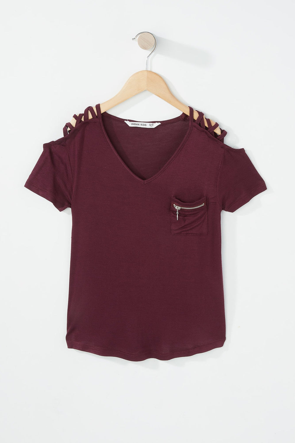 Kids T-shirt avec motif de cage et poche à encolure en V et fermeture à glissière pour fille Brun