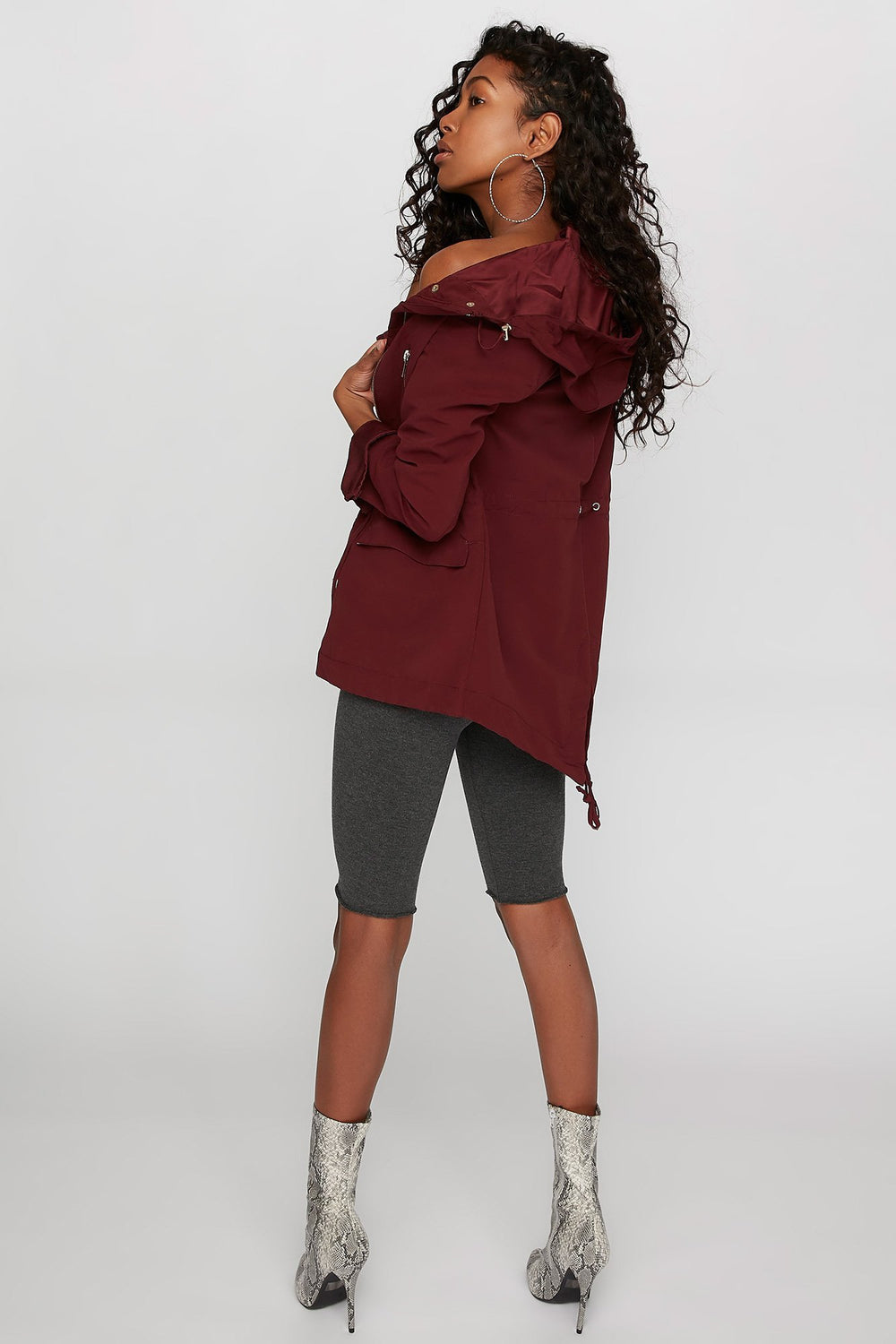 Women Microfiber Hooded Drawstring Anorak Jacket Burgundy