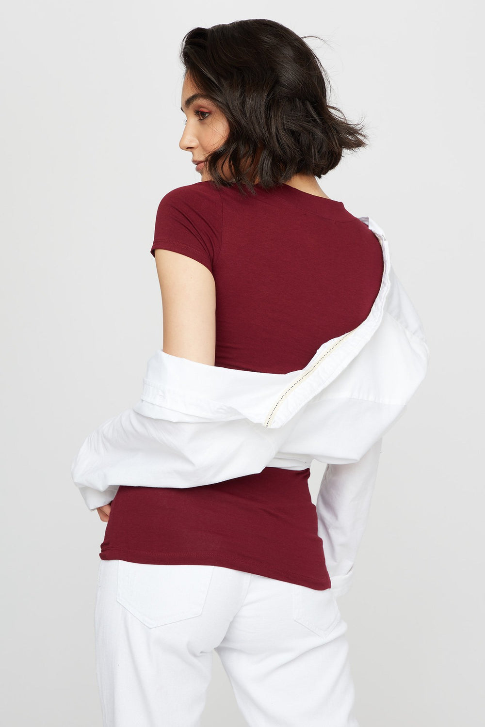 Women Basic V-Neck T-Shirt Burgundy