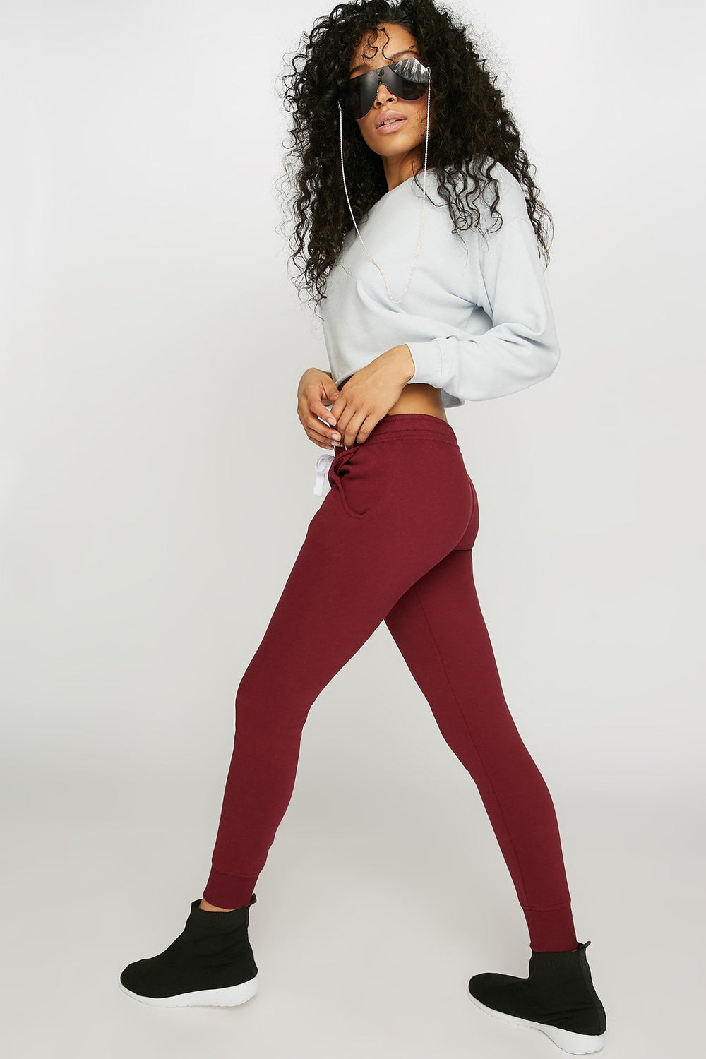Women Cinched Pocket Drawstring Fleece Jogger Burgundy