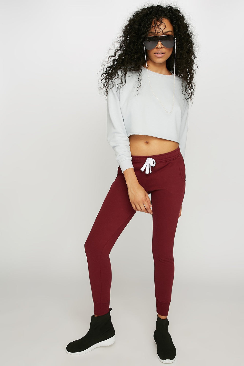 Women Cinched Pocket Drawstring Fleece Jogger Burgundy