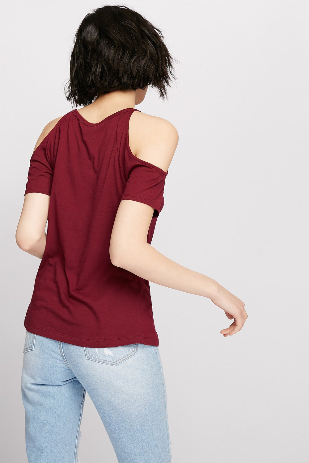 Women Cold Shoulder Lace-Up T-Shirt Burgundy
