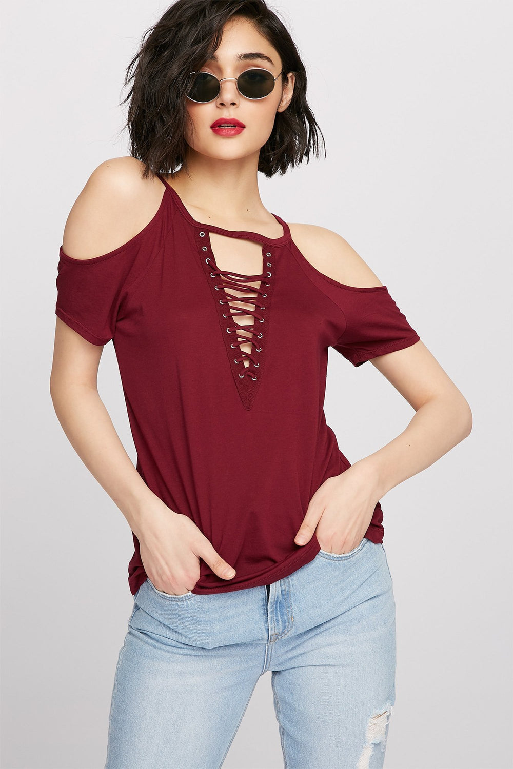 Women Cold Shoulder Lace-Up T-Shirt Burgundy