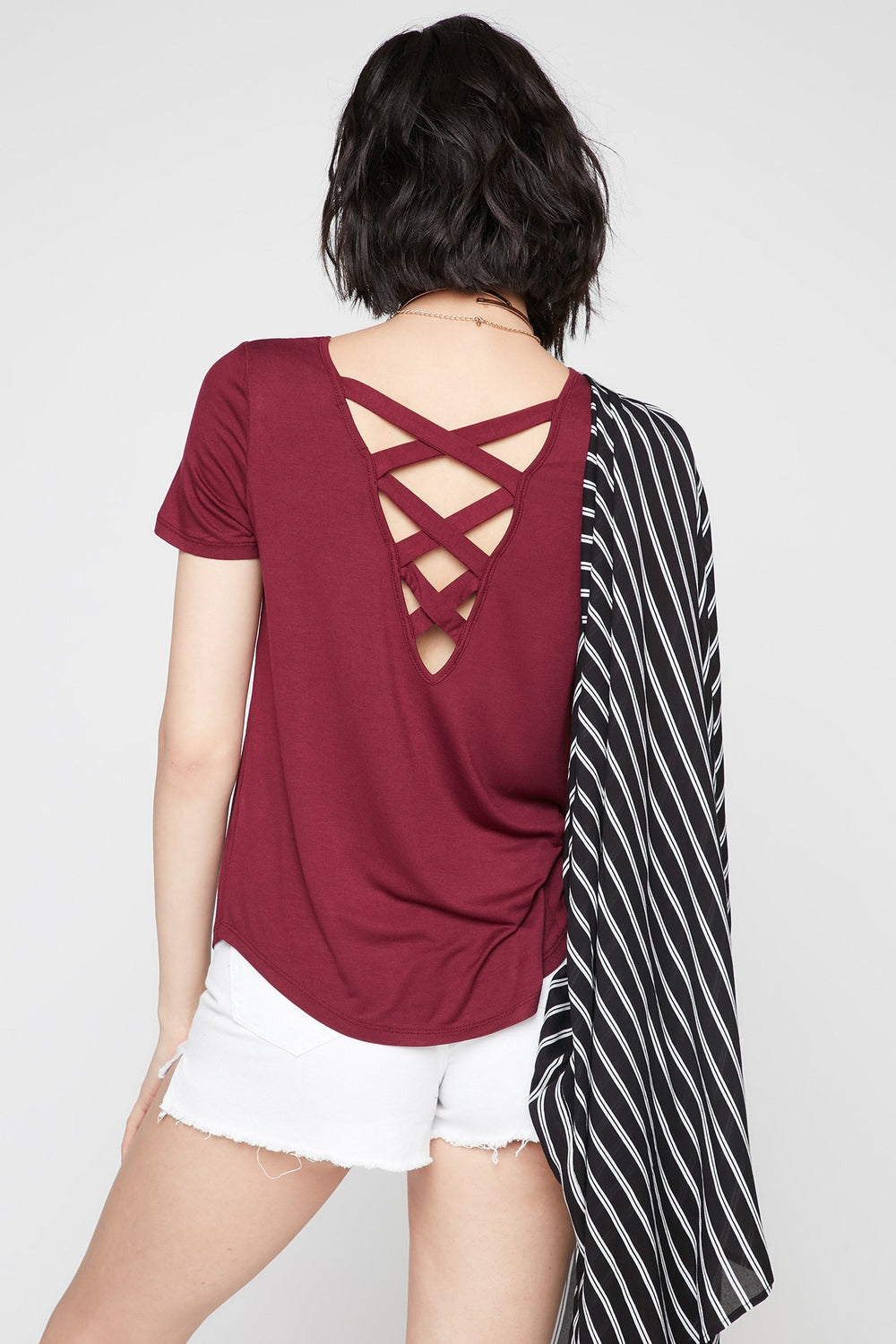 Women Crisscross-Back Dolphin Hem T-Shirt Burgundy