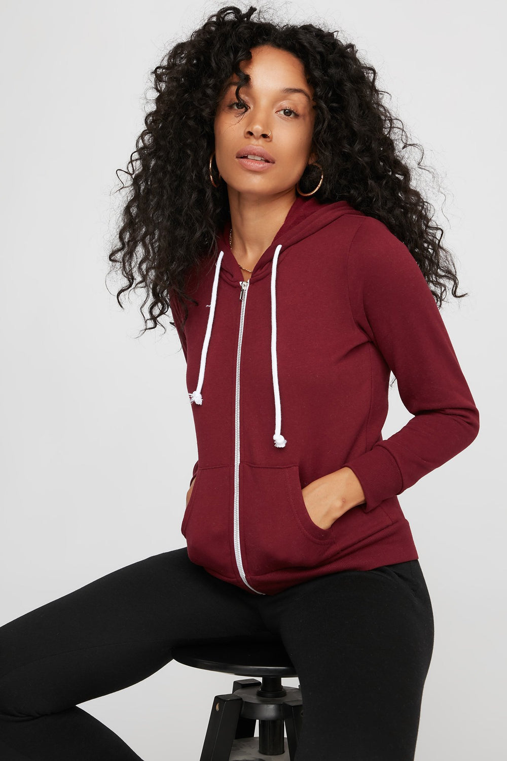 Women Fleece Drawstring Zip-Up Hoodie Burgundy
