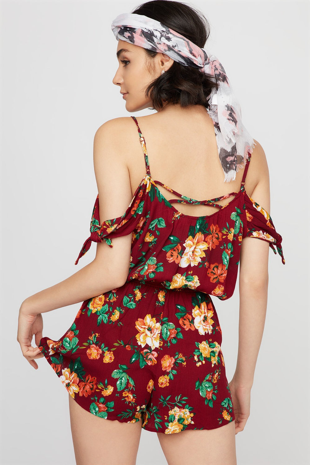 Women Floral Cold Shoulder Self-Tie Sleeve Romper Burgundy