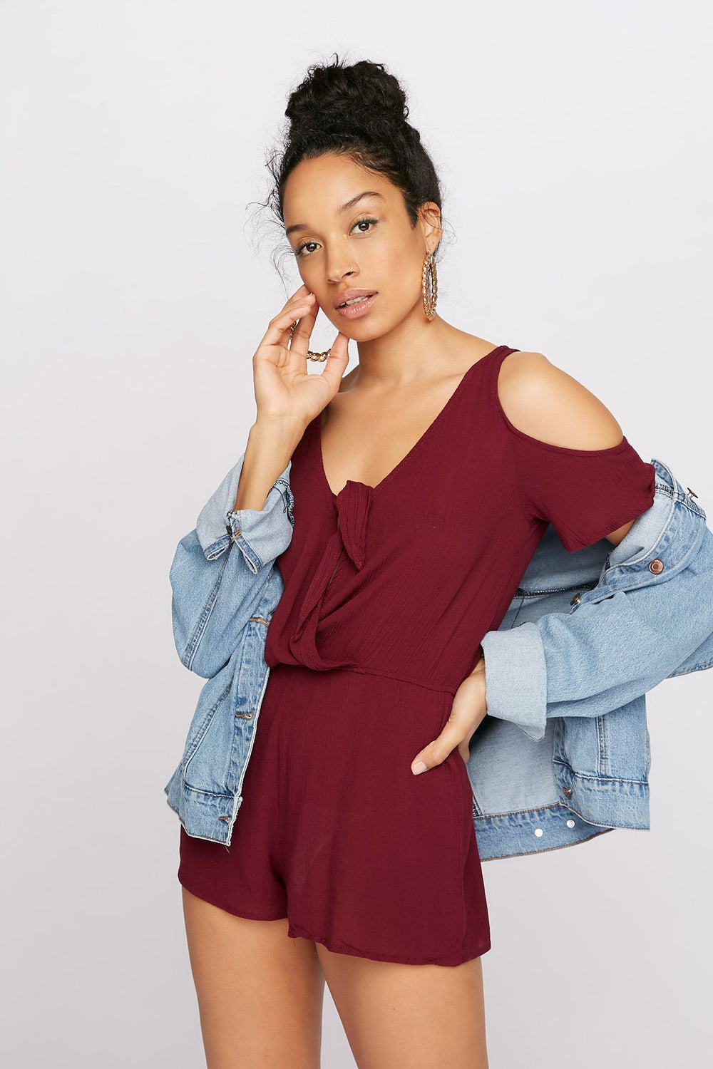 Women Front-Knot Cold Shoulder Lightweight Romper Burgundy