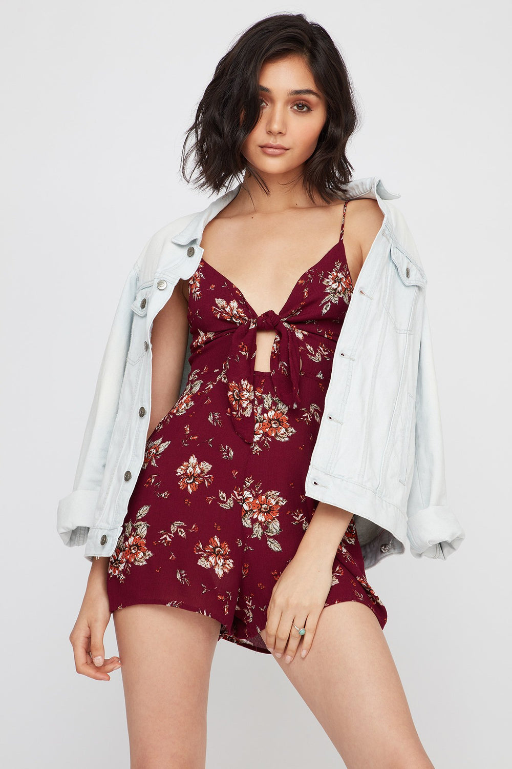 Women Front-Knot Open-Back Floral Romper Burgundy