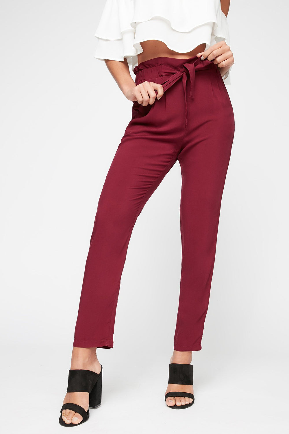 Women High-Rise Self-Tie Paperbag Pant Burgundy