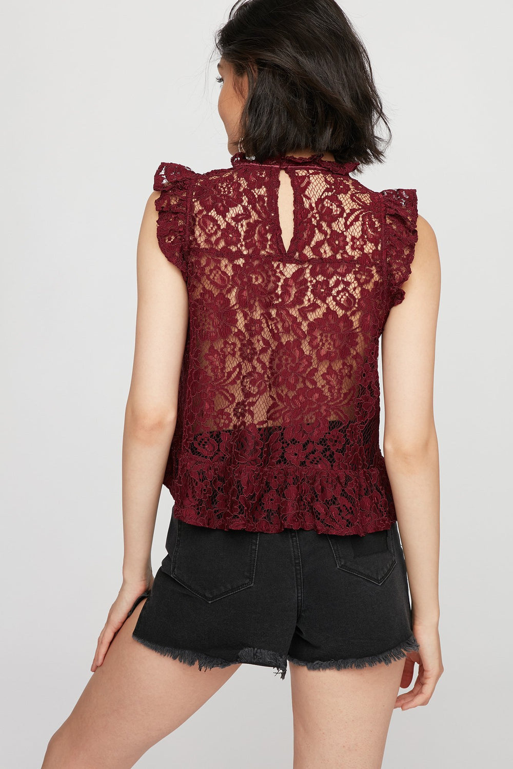 Women Lace Ruffle Sleeveless Blouse Burgundy