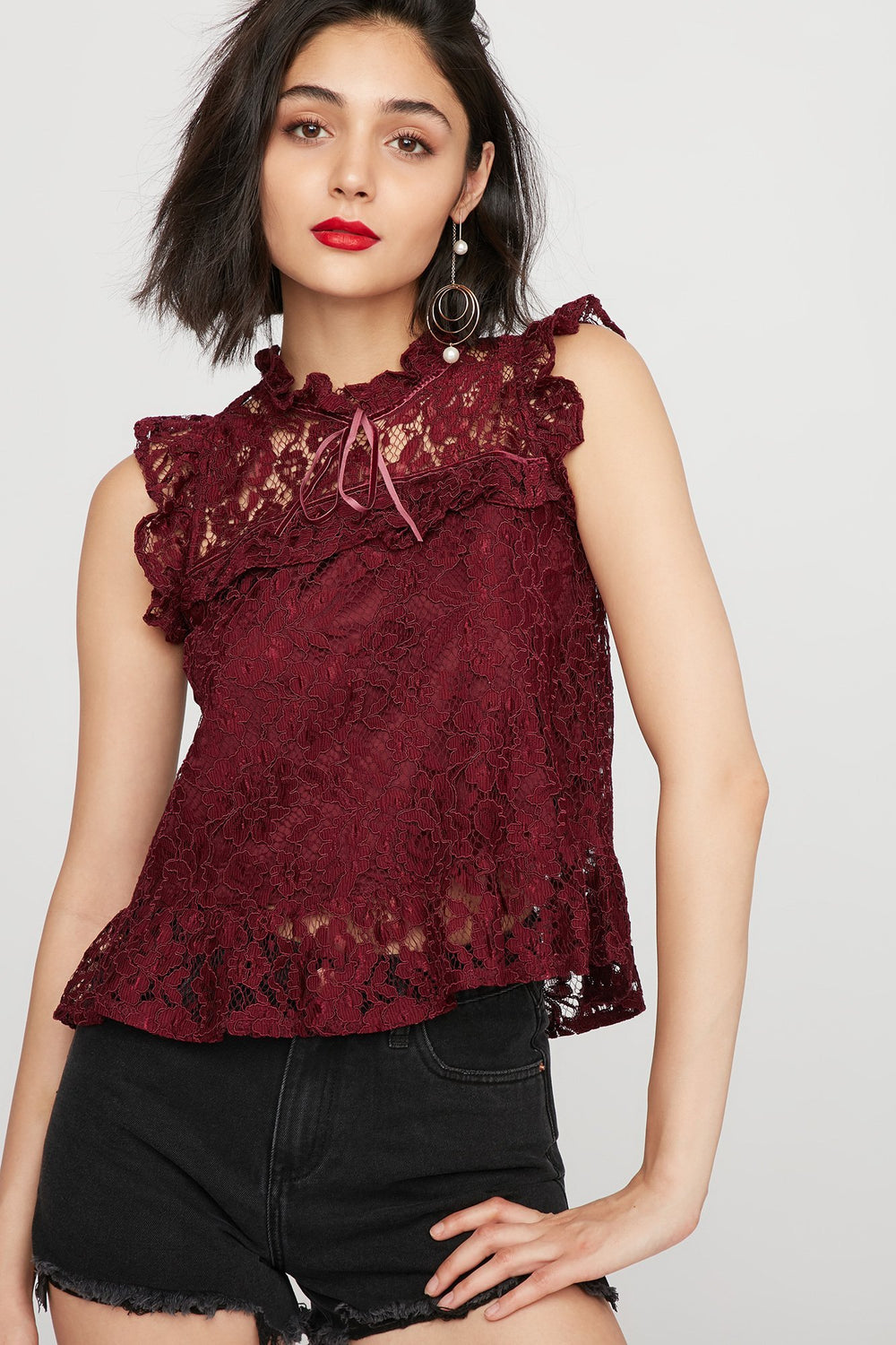 Women Lace Ruffle Sleeveless Blouse Burgundy