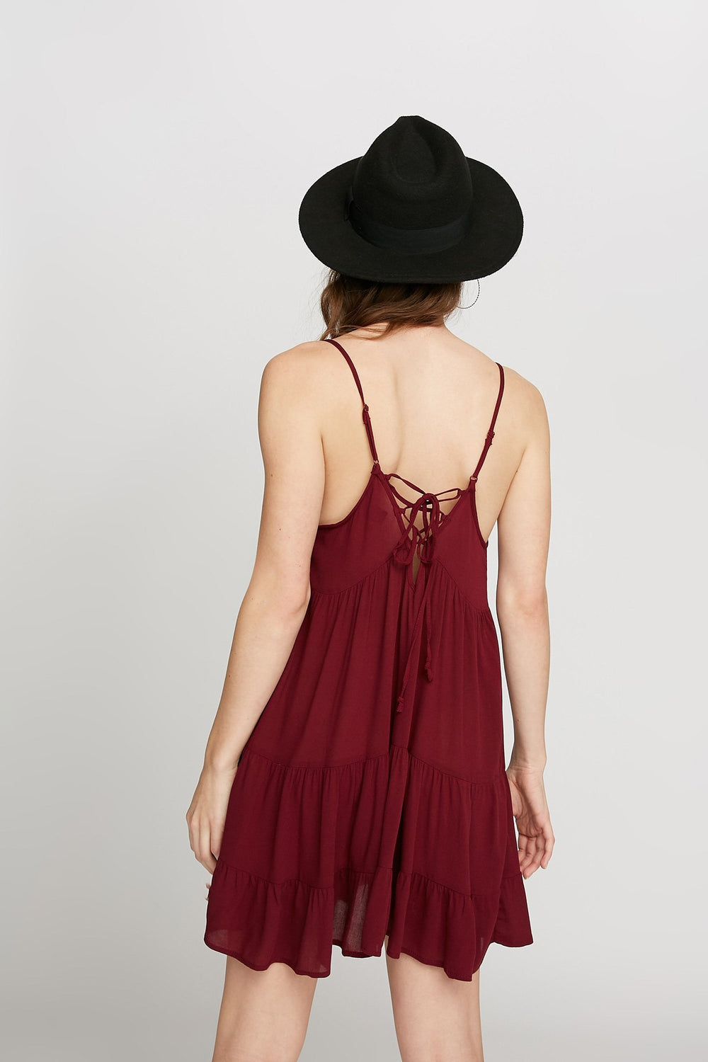 Women Lace-Up Back Peplum Mini Dress Burgundy
