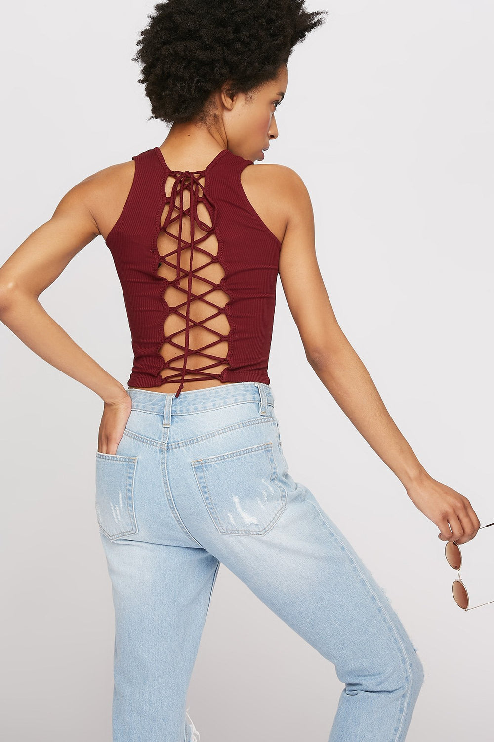 Women Lace-Up Back Ribbed Cropped Tank Burgundy