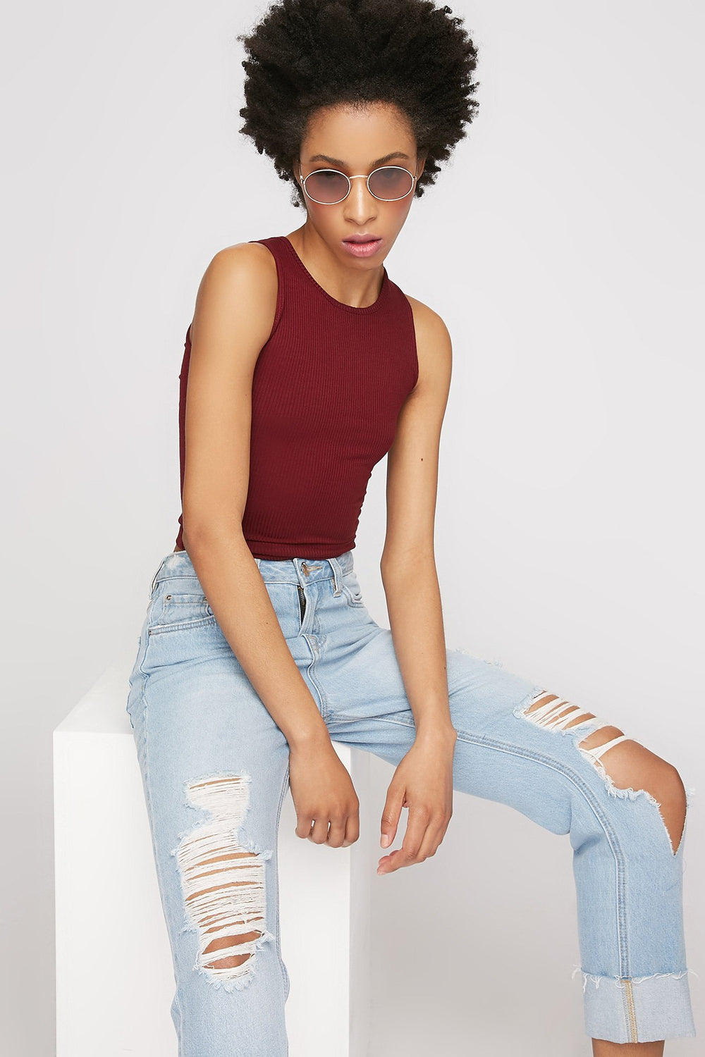 Women Lace-Up Back Ribbed Cropped Tank Burgundy