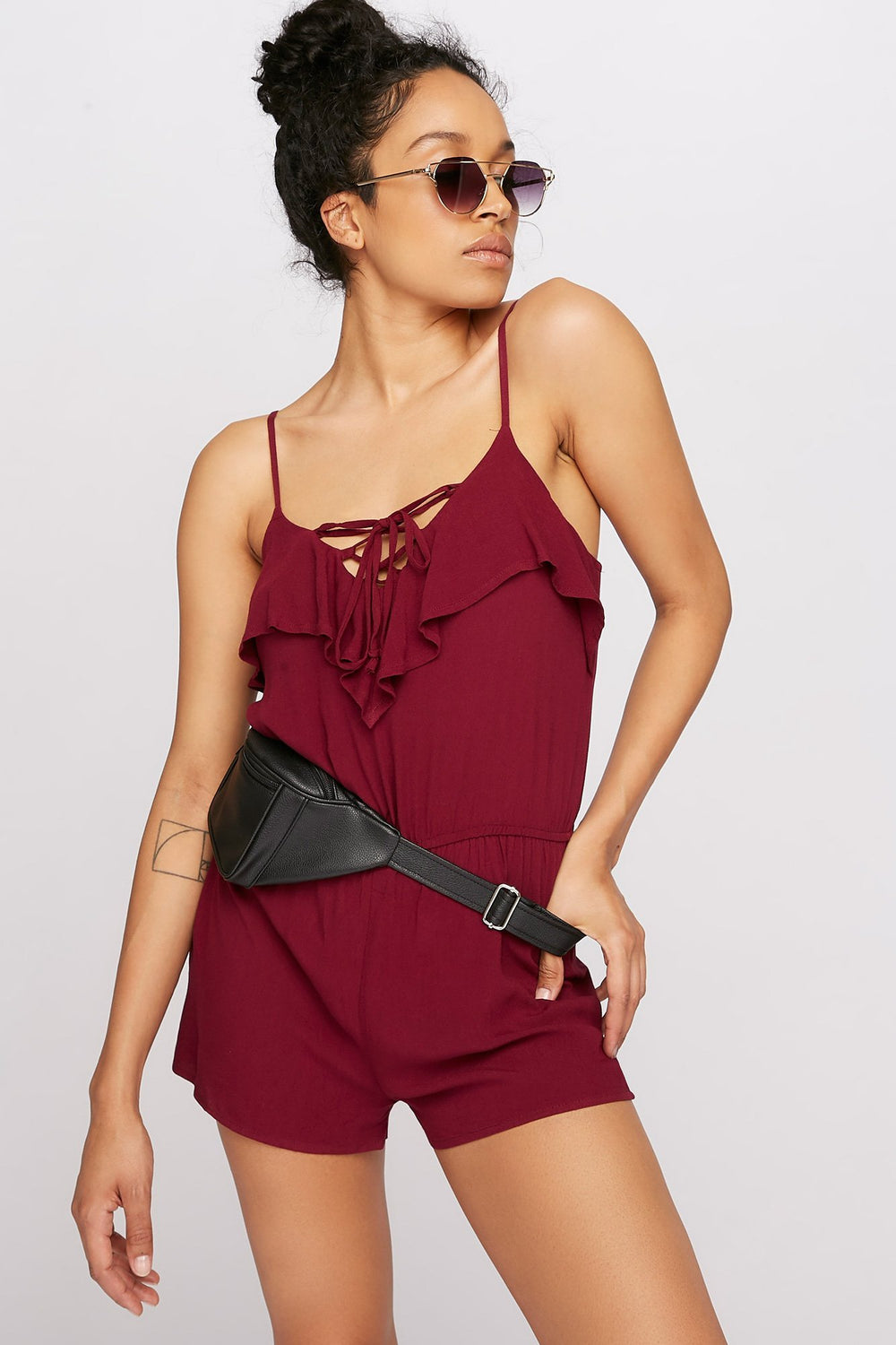 Women Lace-Up Ruffle Lightweight Cinched Romper Burgundy