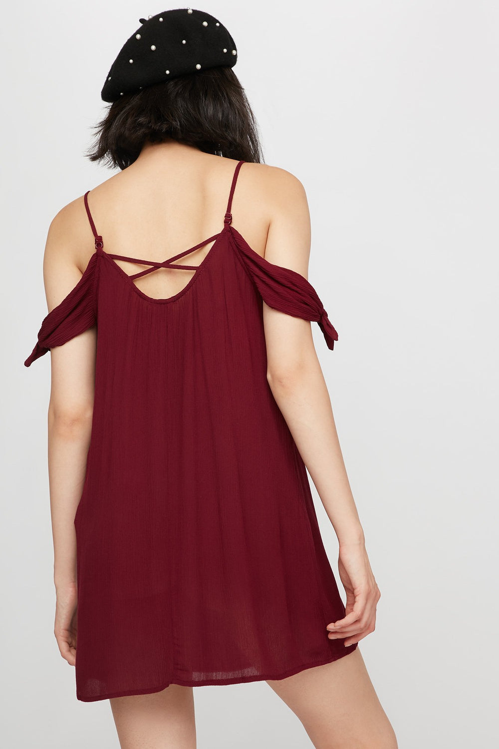 Women Lightweight Cold Shoulder Self-Tie Sleeve Mini Dress Burgundy
