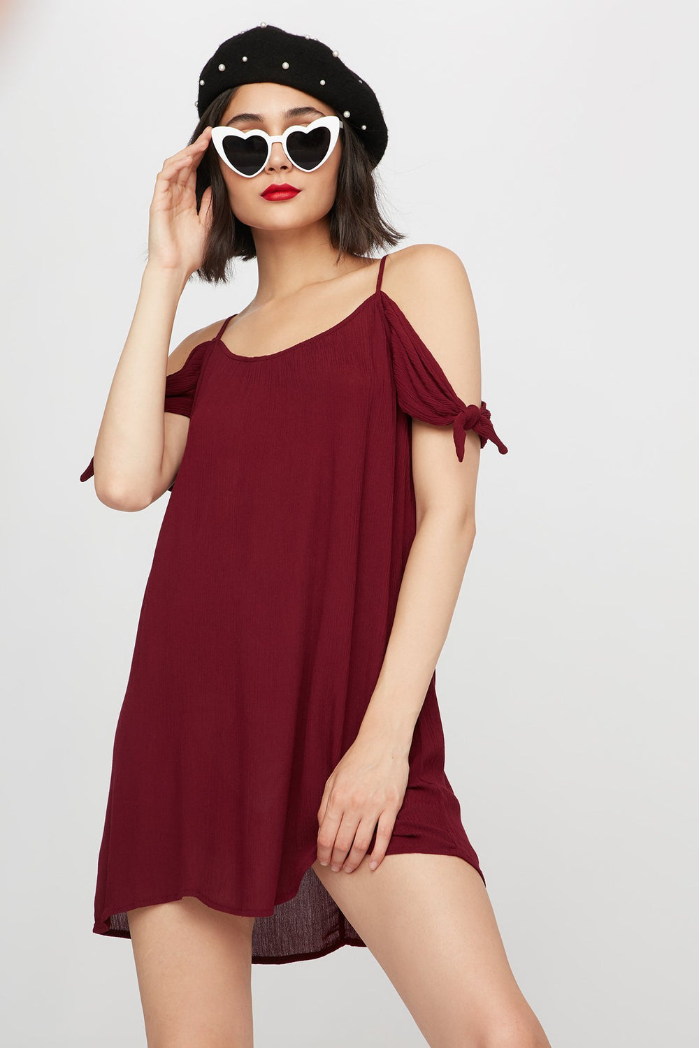 Women Lightweight Cold Shoulder Self-Tie Sleeve Mini Dress Burgundy