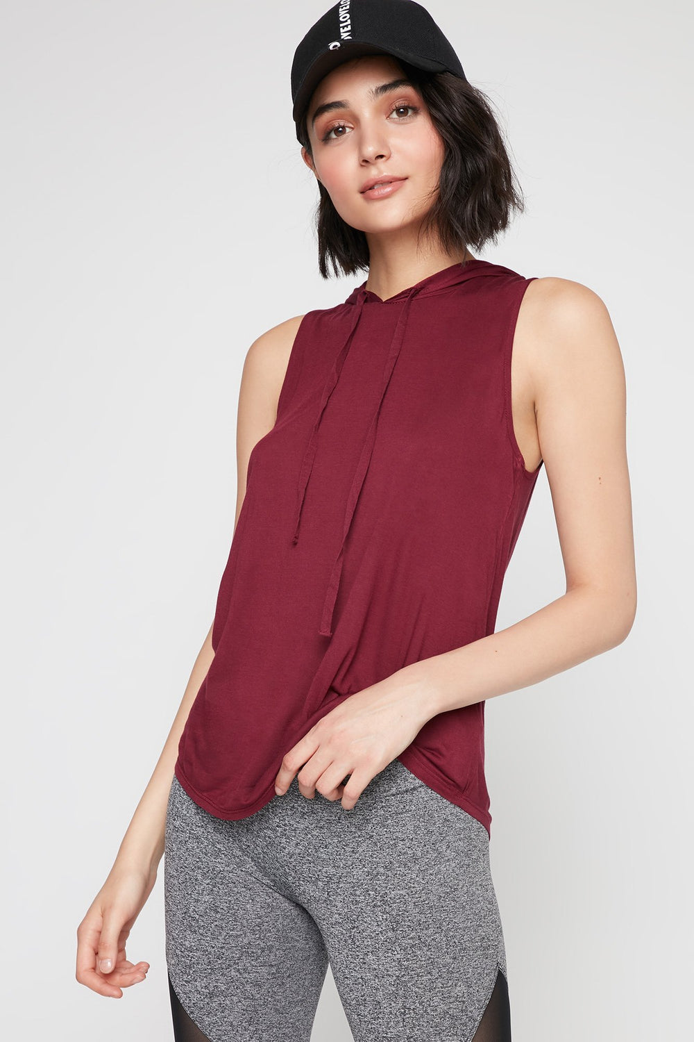 Women Lightweight Dolphin Hem Drawstring Hooded Tank Burgundy