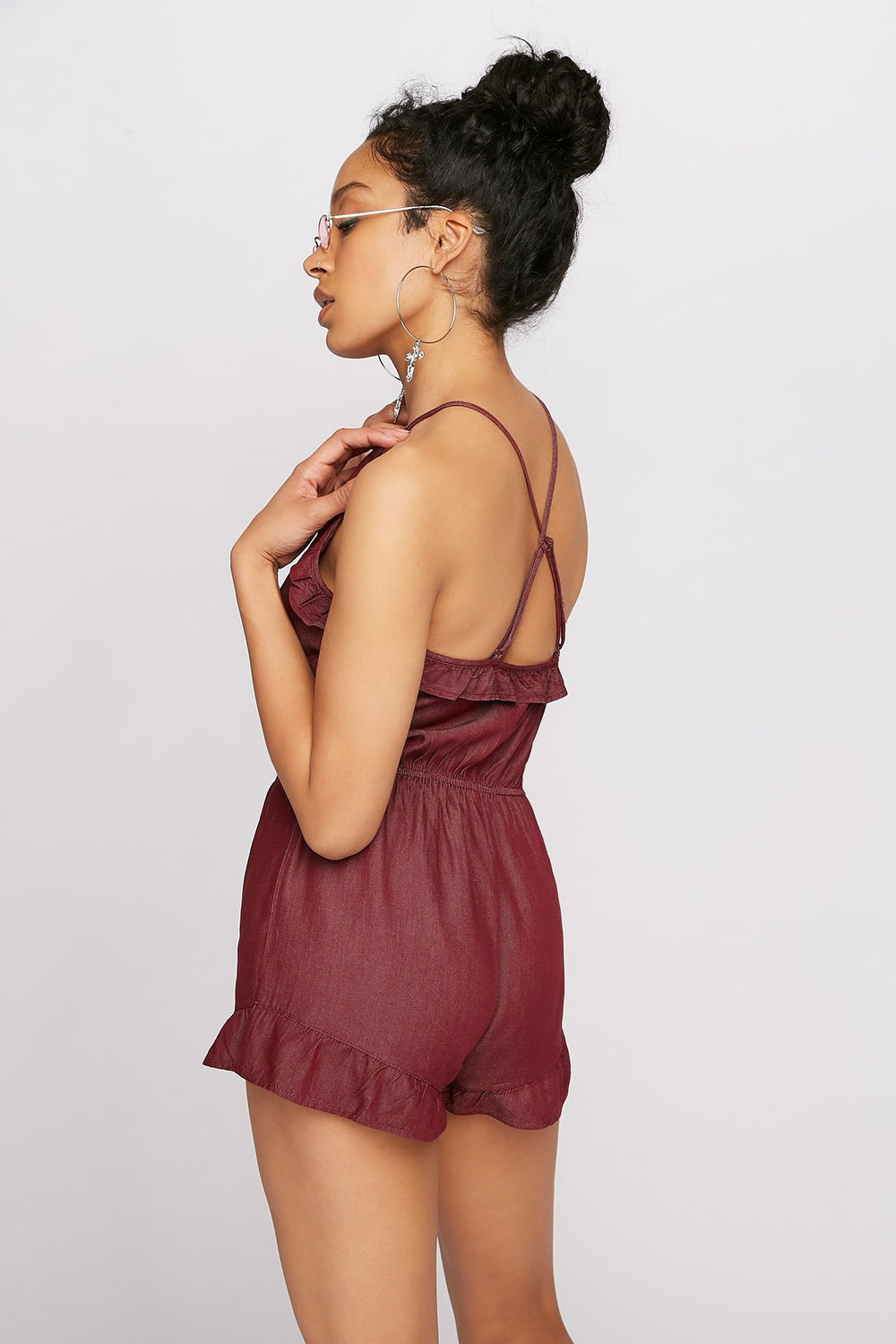 Women Mock-Neck Ruffle Cinched Romper Burgundy