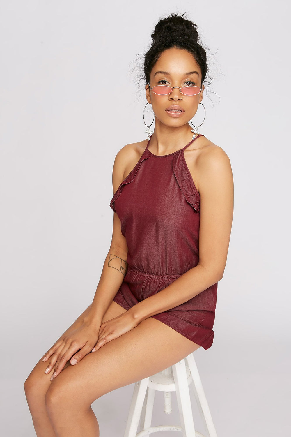 Women Mock-Neck Ruffle Cinched Romper Burgundy