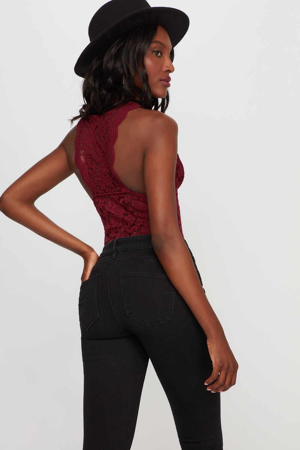 Women Plunging V-Neck Crochet Lace Bodysuit Burgundy