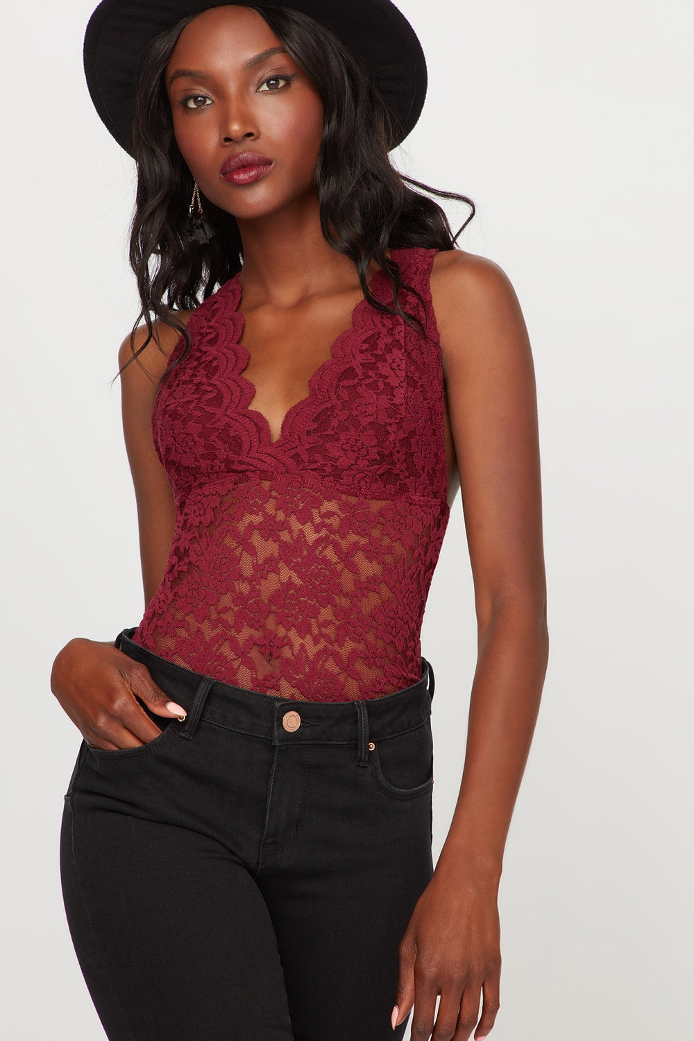 Women Plunging V-Neck Crochet Lace Bodysuit Burgundy