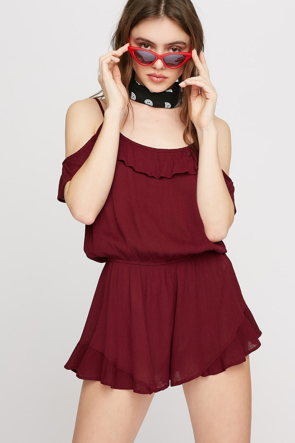 Women Ruffle Cold Shoulder Romper Burgundy