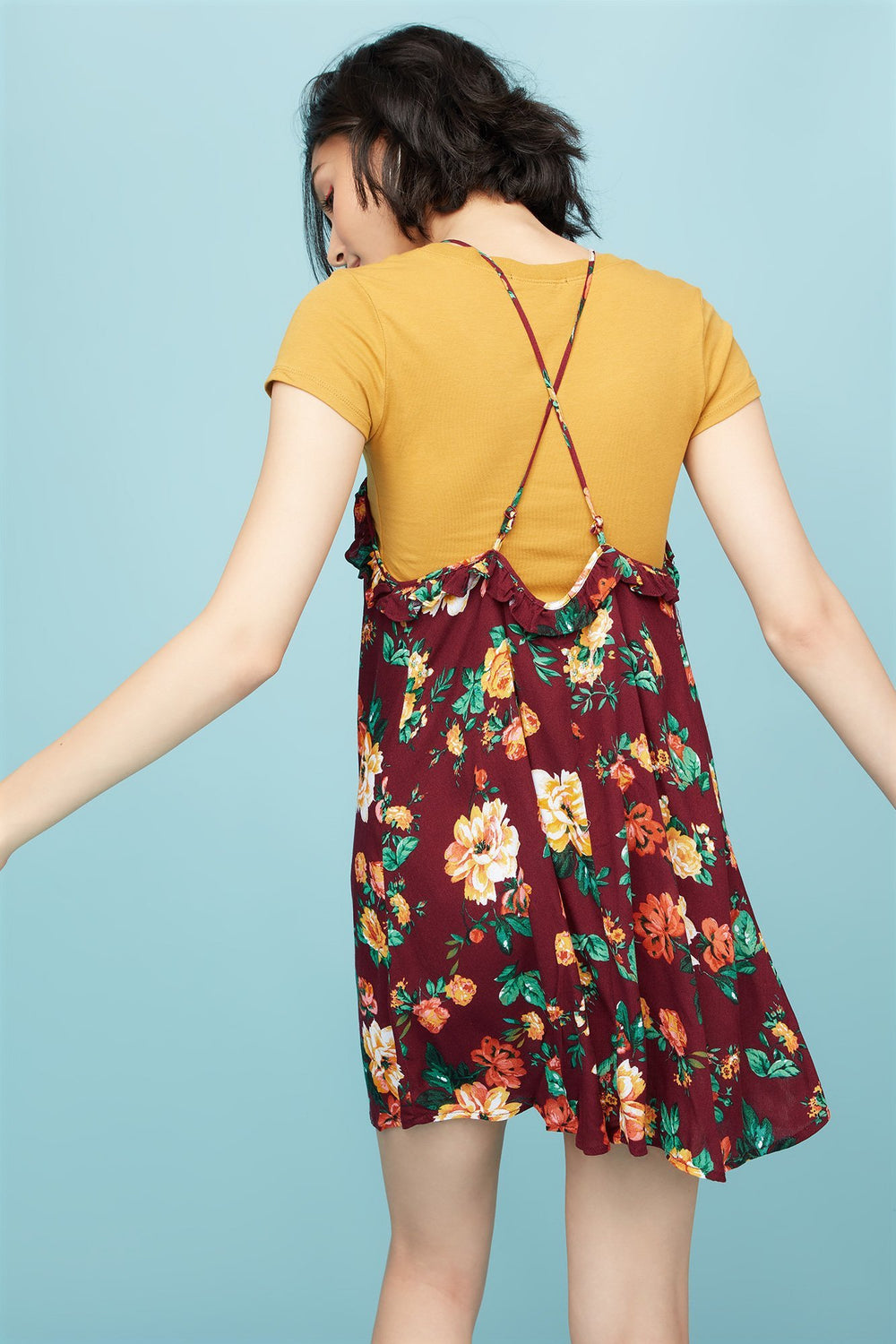 Women Ruffle Floral Camisole Shift Dress Burgundy