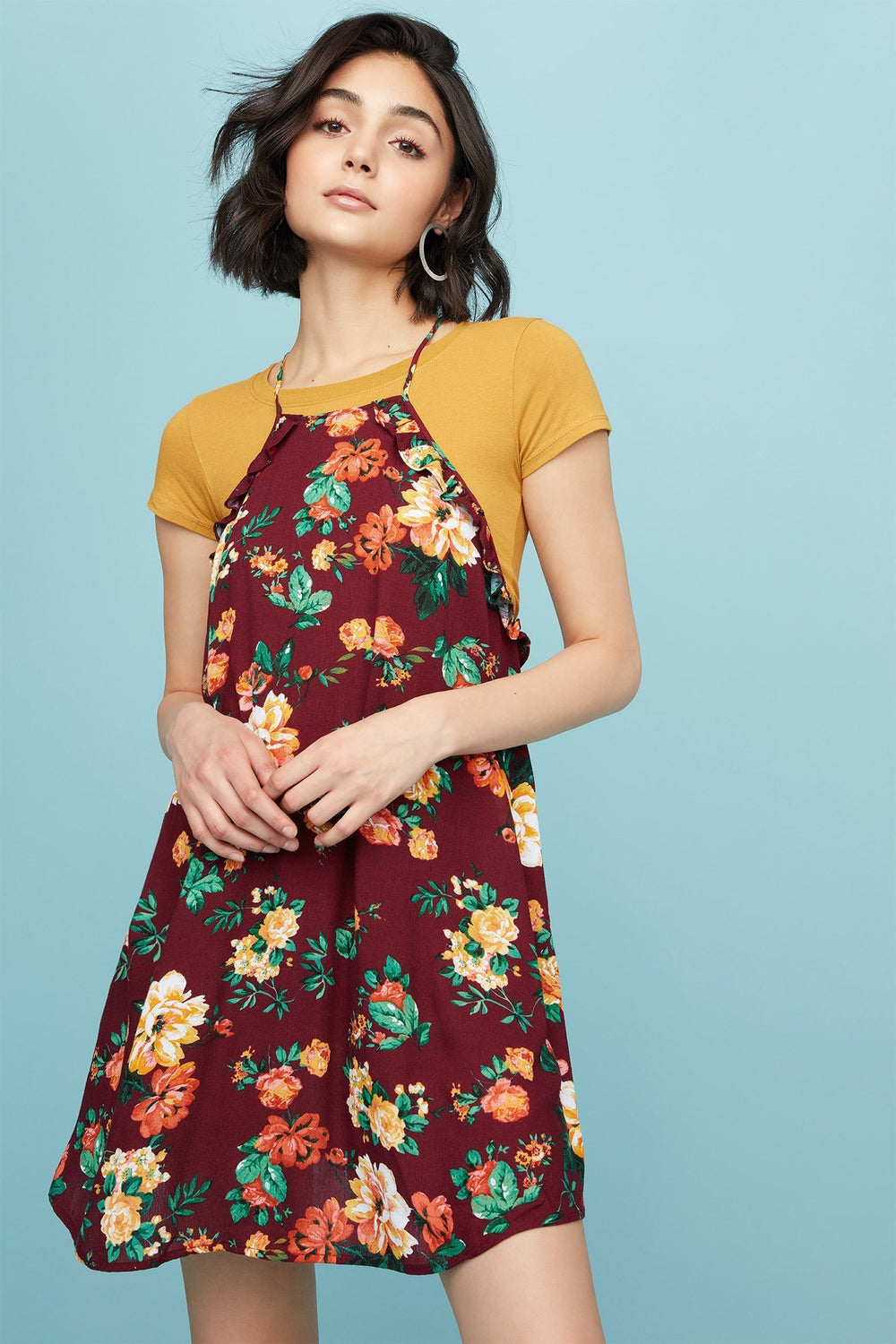 Women Ruffle Floral Camisole Shift Dress Burgundy