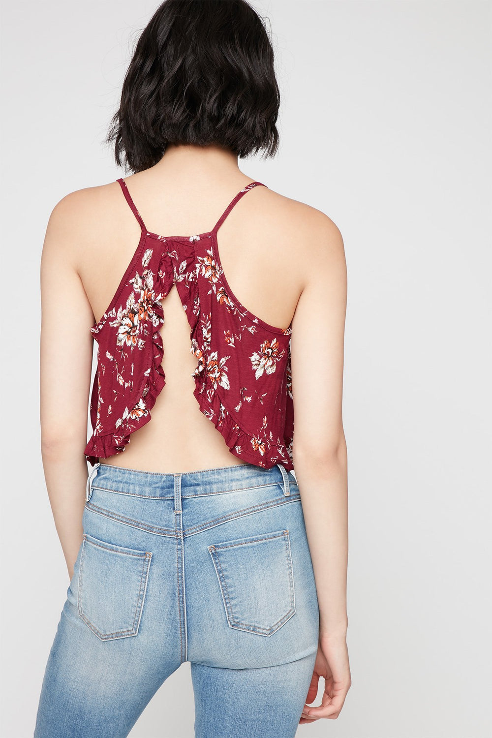Women Ruffle Floral Cropped Open-Back Camisole Burgundy