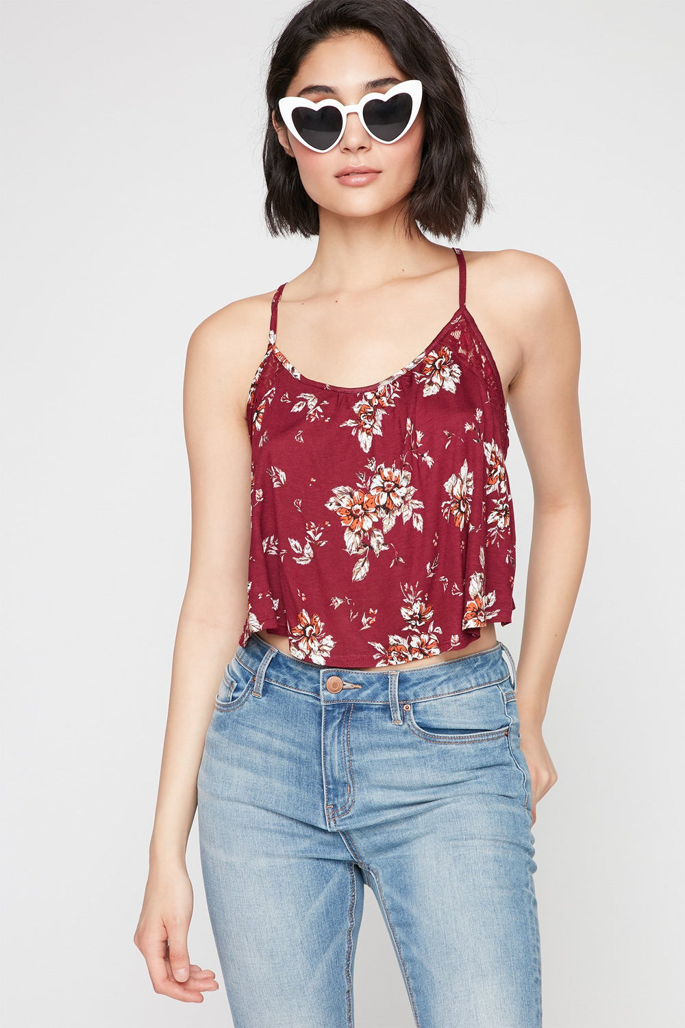 Women Ruffle Floral Cropped Open-Back Camisole Burgundy