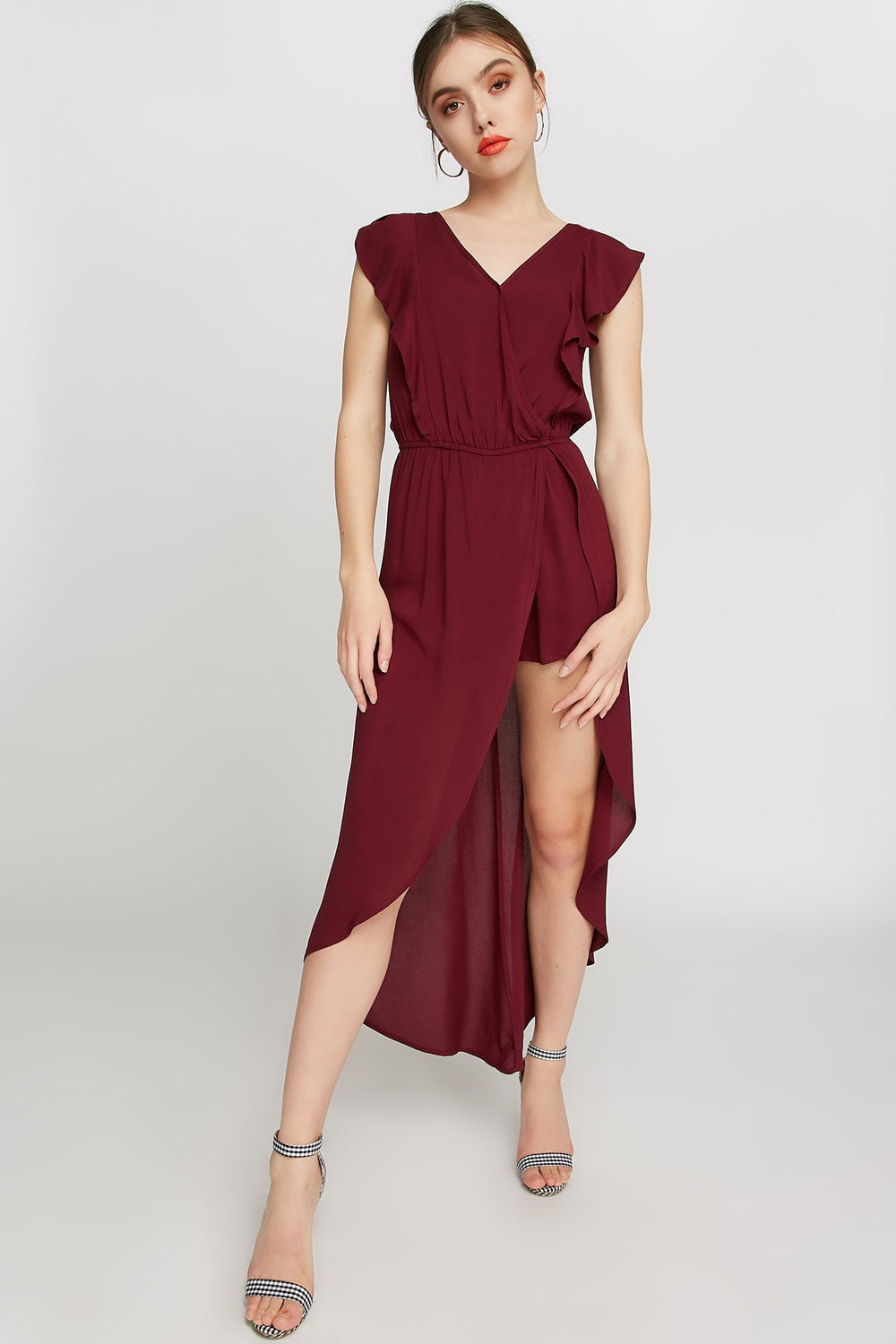 Women Ruffle High-Low Walkthrough Romper Burgundy