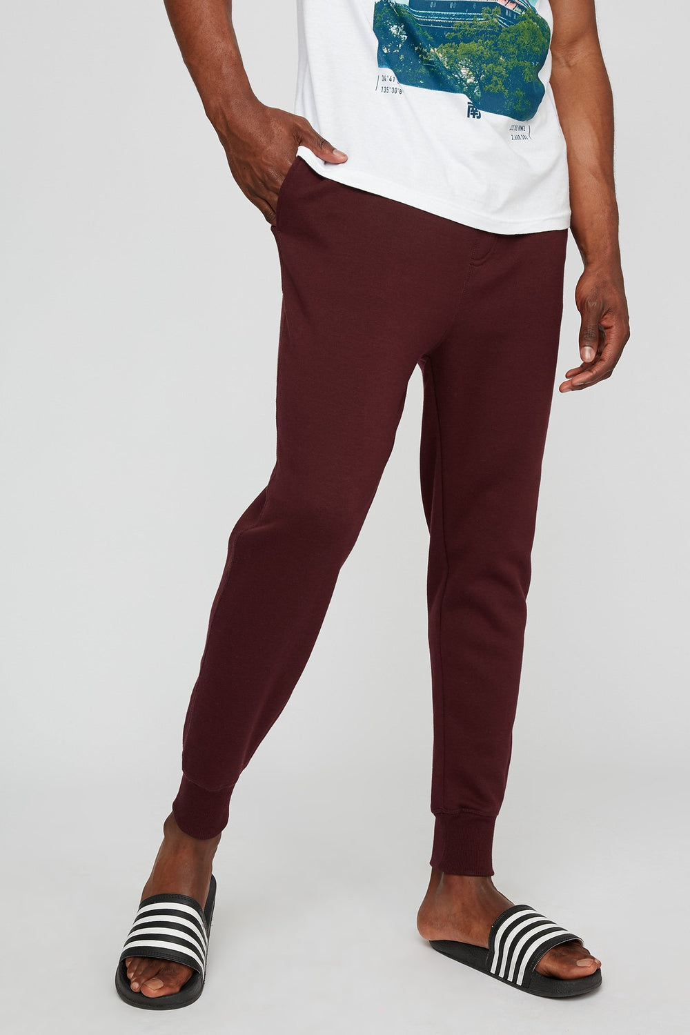 Men Slim Fleece Drawstring Jogger Burgundy