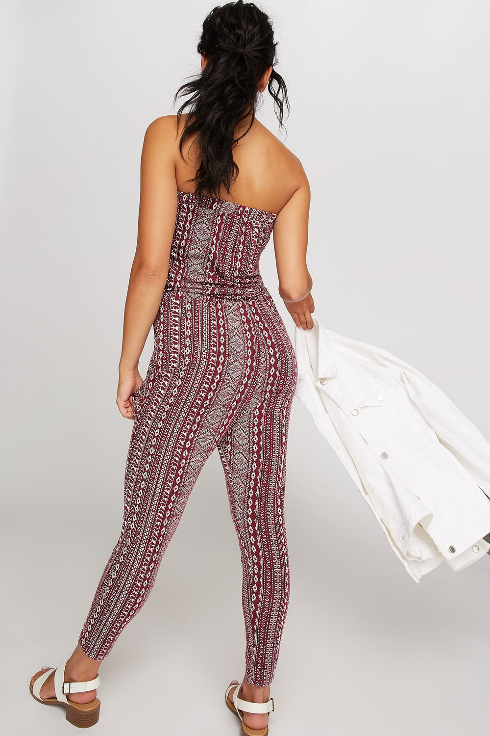 Women Tribal Strapless Drawstring Jumpsuit Burgundy
