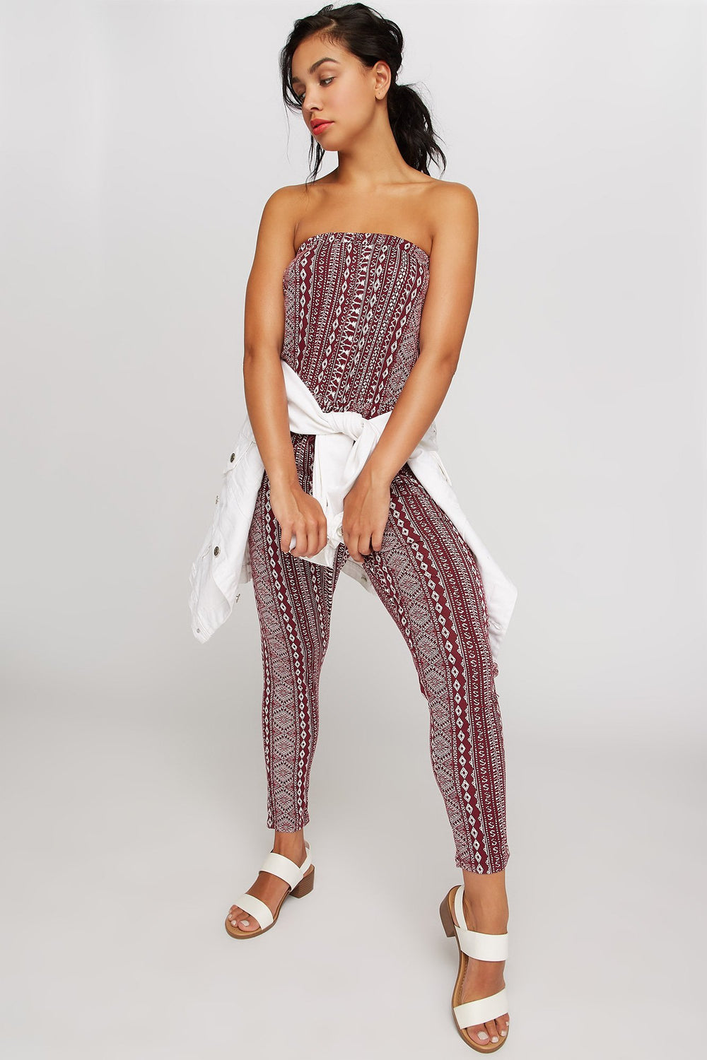 Women Tribal Strapless Drawstring Jumpsuit Burgundy
