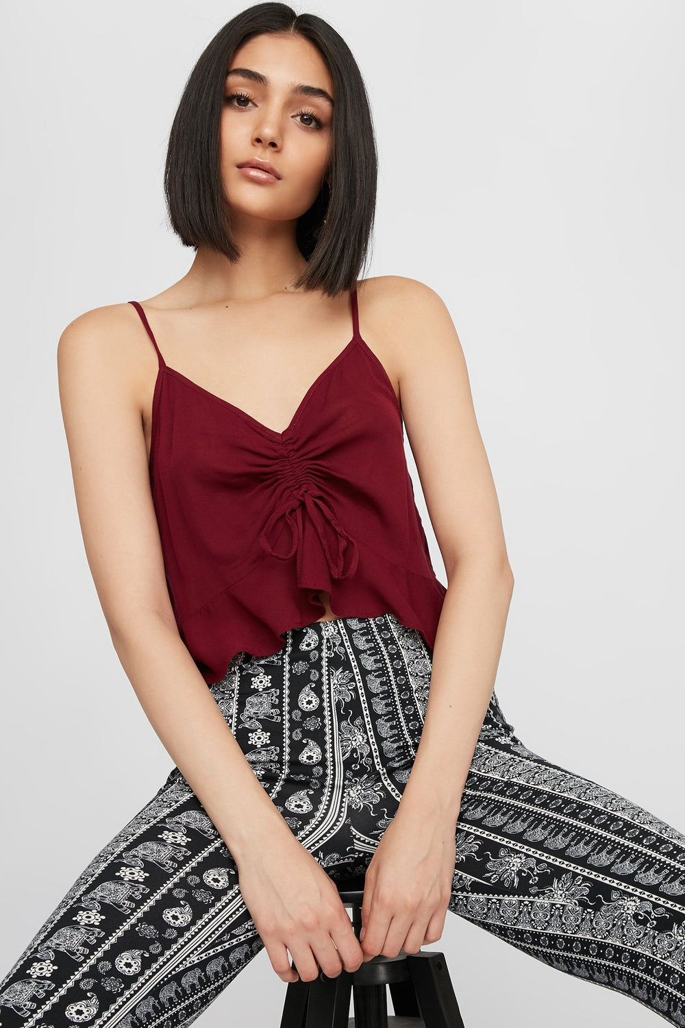 Women V-Neck Lace-Up Ruched Peplum Tank Burgundy