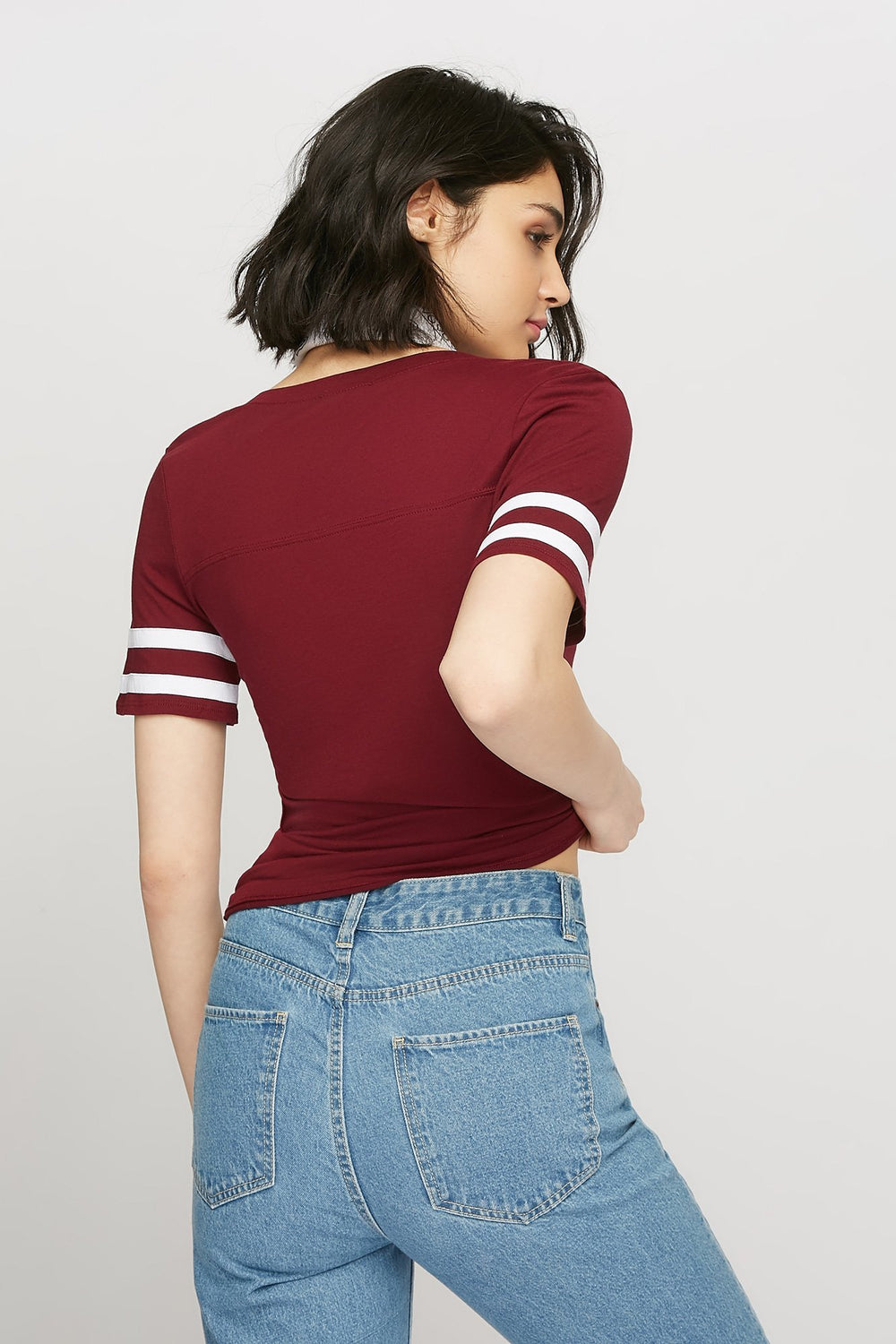 women V-Neck Varsity Striped T-Shirt Burgundy