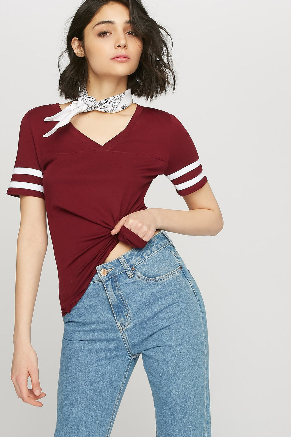 women V-Neck Varsity Striped T-Shirt Burgundy