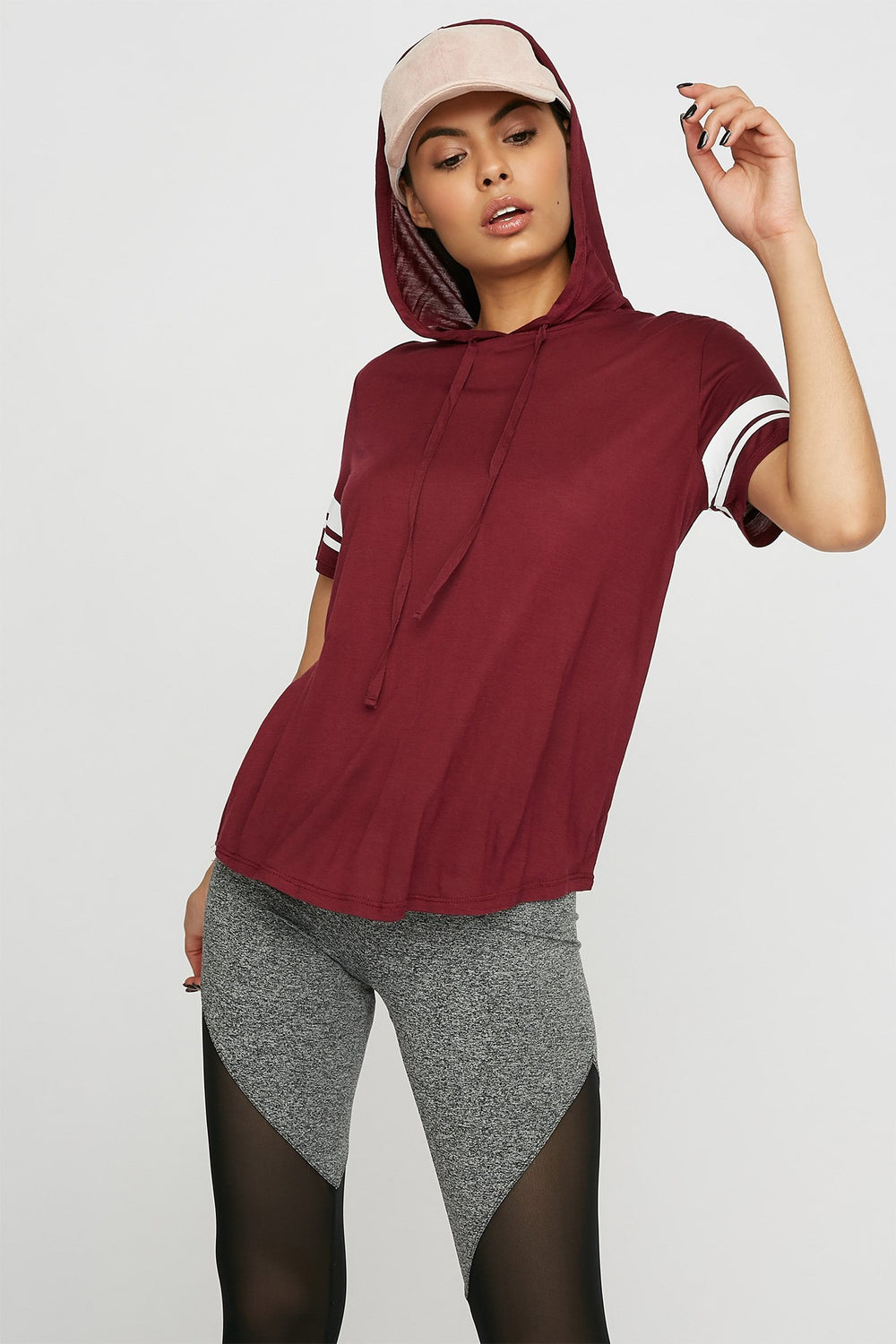 Women Varsity Striped Dolphin Hem Drawstring Hooded T-Shirt Burgundy