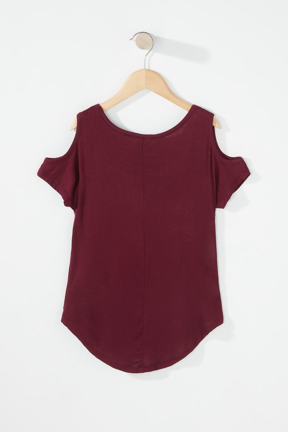 Kids Girls Cold Shoulder Dolphin Hem T-Shirt Burgundy