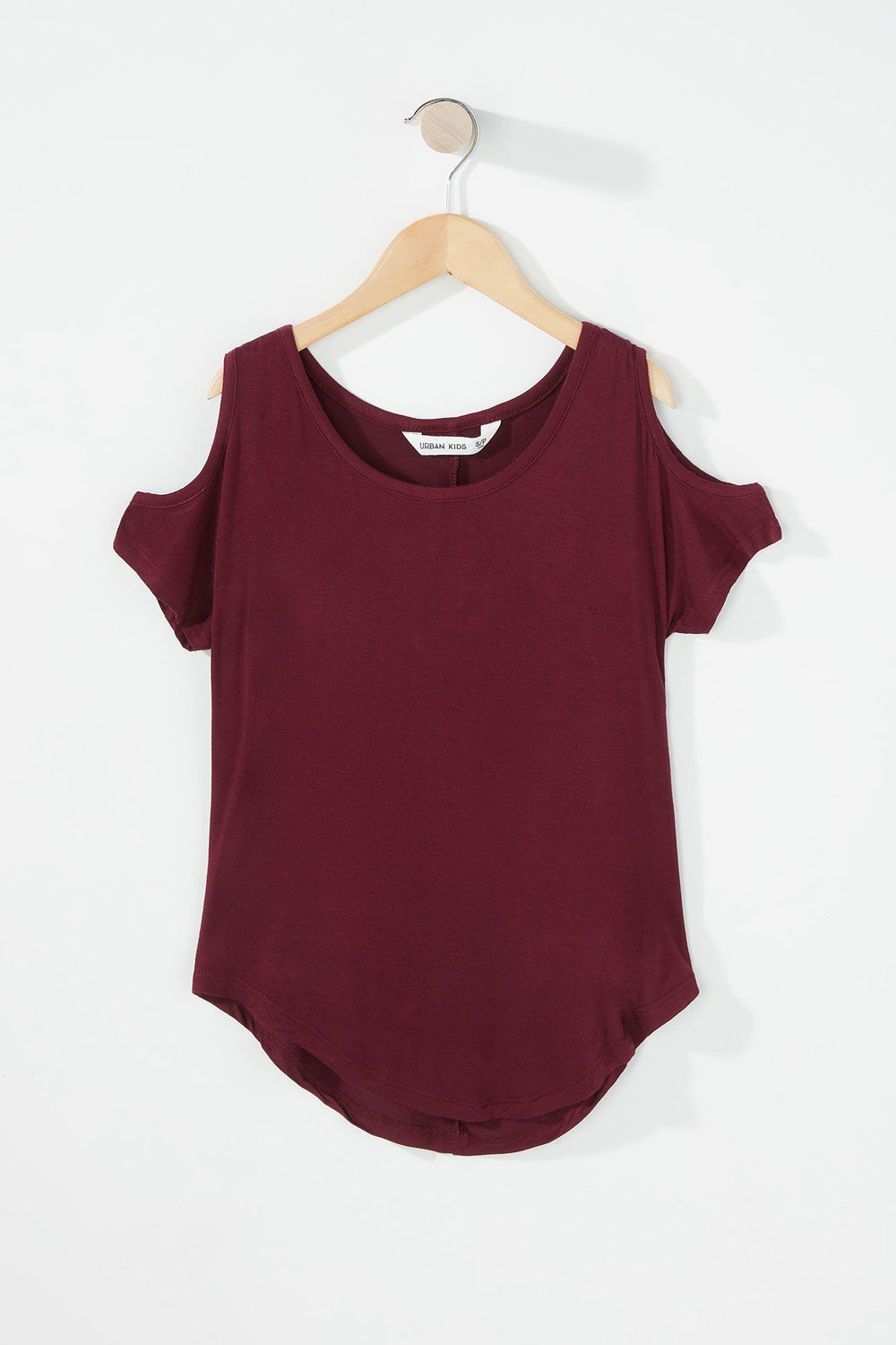 Kids Girls Cold Shoulder Dolphin Hem T-Shirt Burgundy