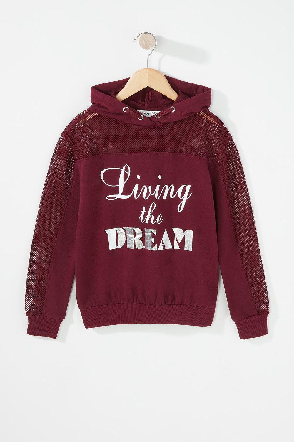 Kids Girls Graphic Mesh Drawstring Popover Hoodie Burgundy