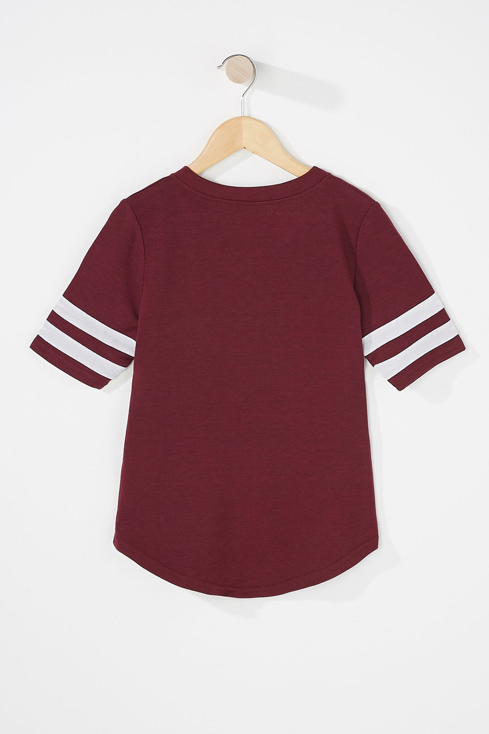 Kids Girls V-Neck Varsity Striped Graphic T-Shirt Burgundy