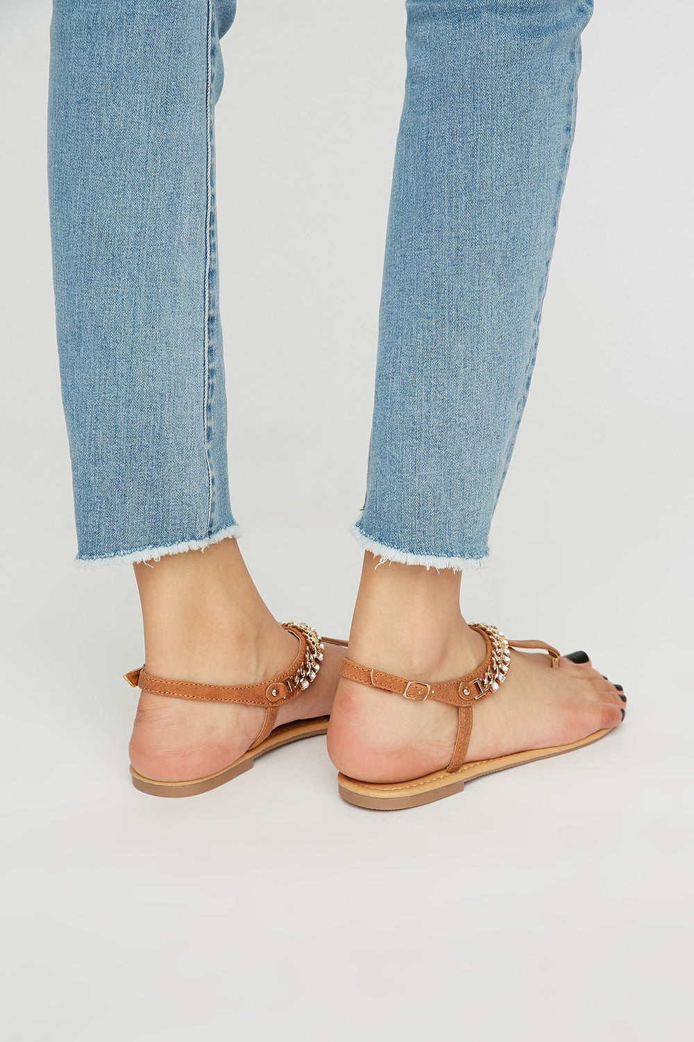 Women Chain Rhinestone T-Bar Sandal Camel
