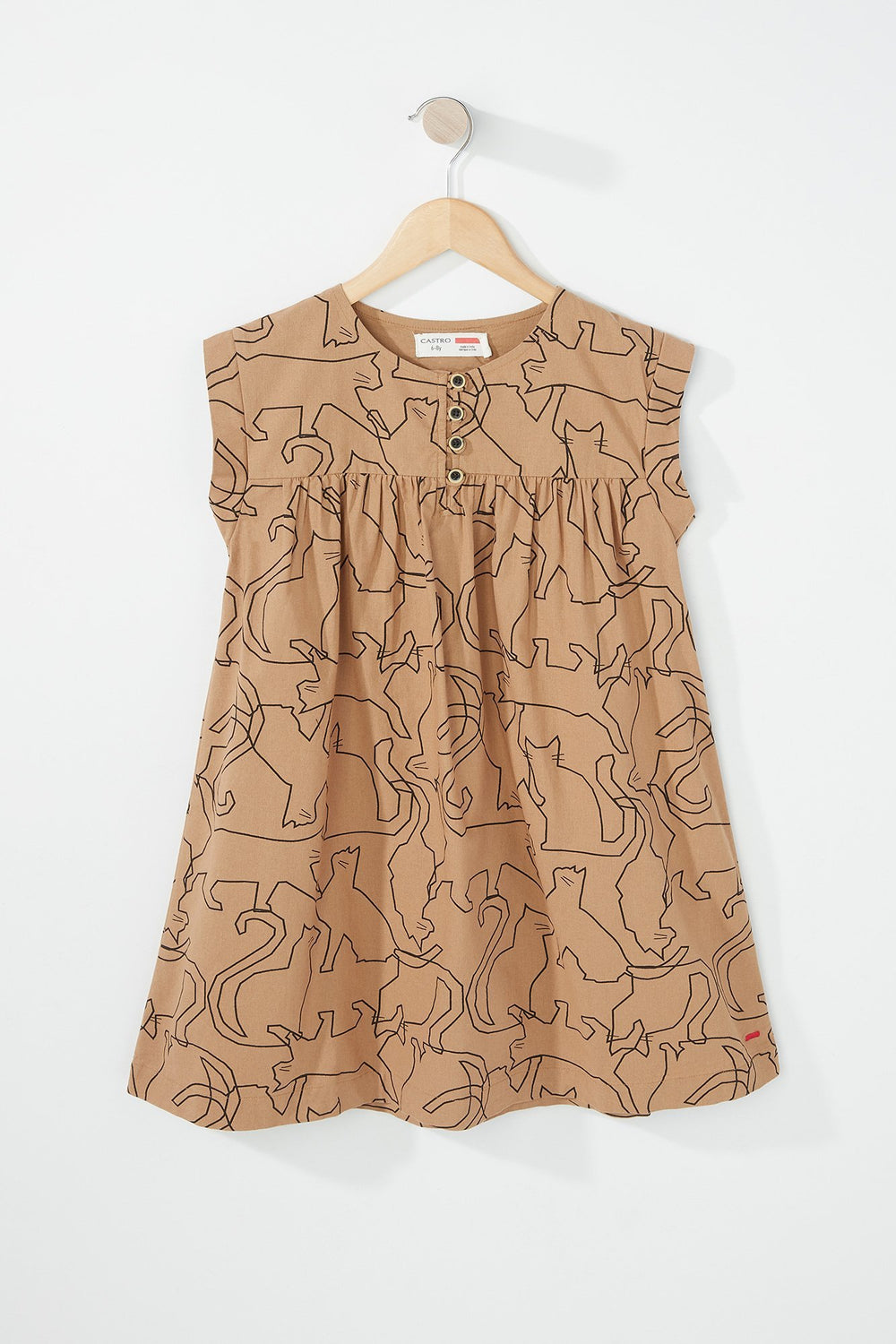 Kids Girls Cat Printed Dress Camel