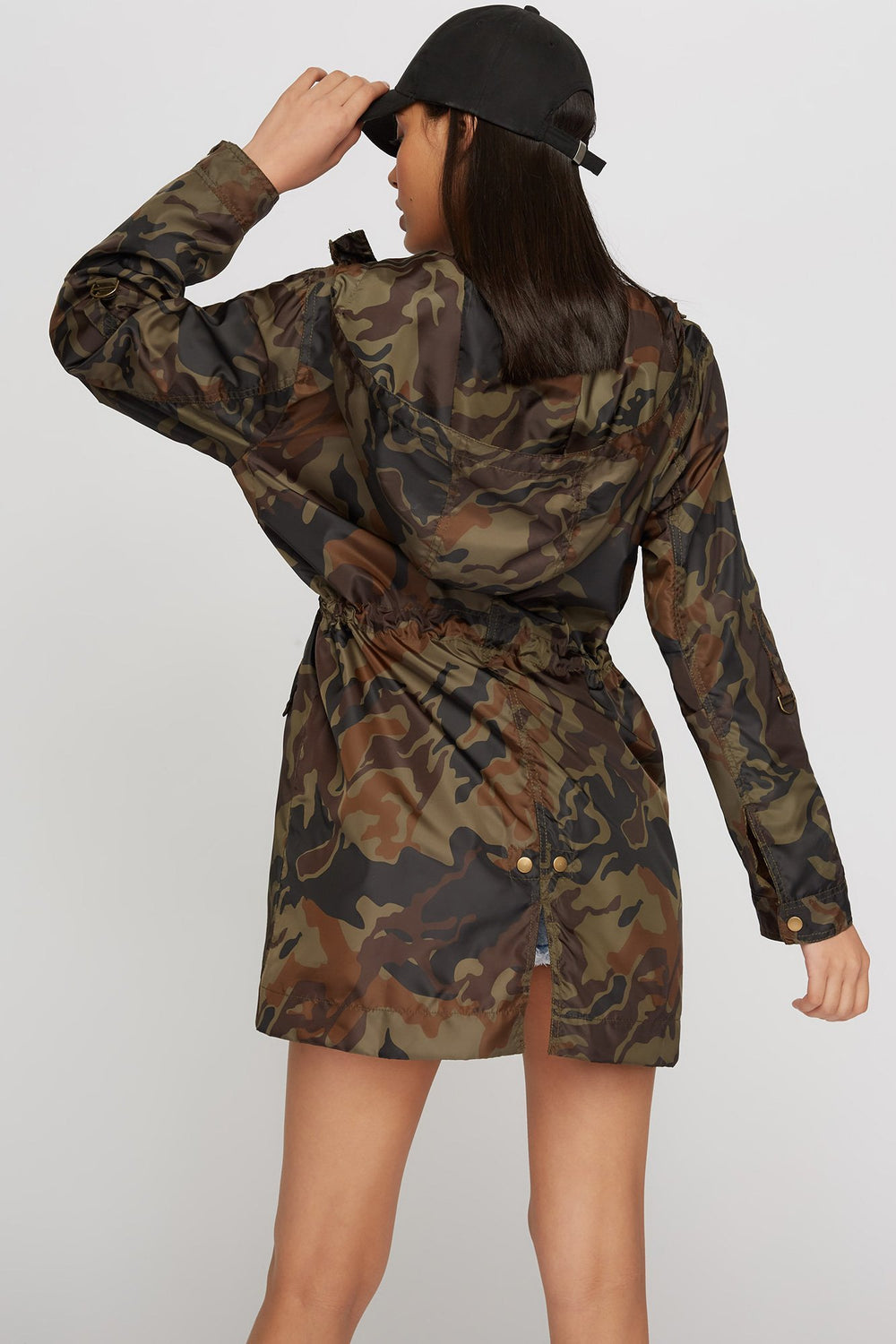 Women Camo Drawstring Longline Windbreaker Camouflage