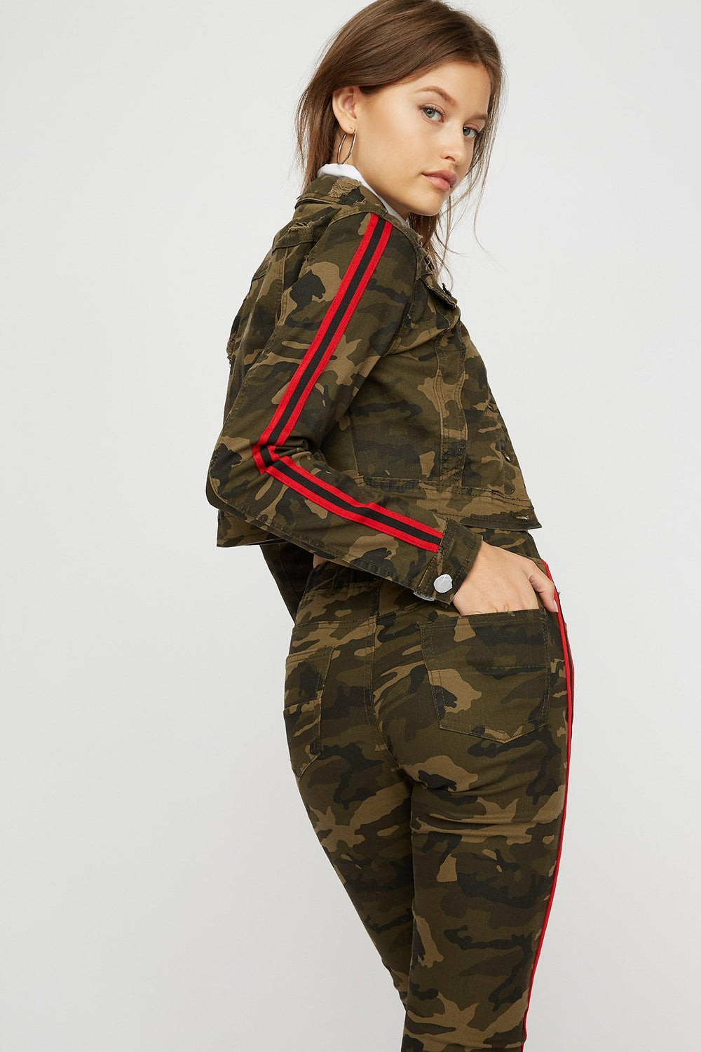 Women Side Stripe Distressed Cropped Denim Jacket Camouflage